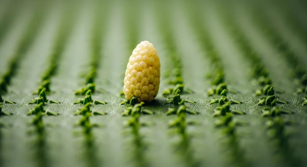 A small corn can be seen growing in the field