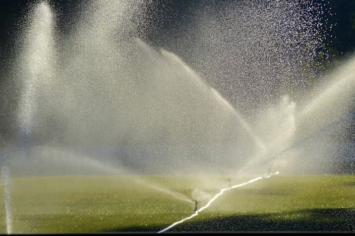 water sprinklers can be seen in a green field sprinkling water in a vast area highlighting precision irrigation in farming