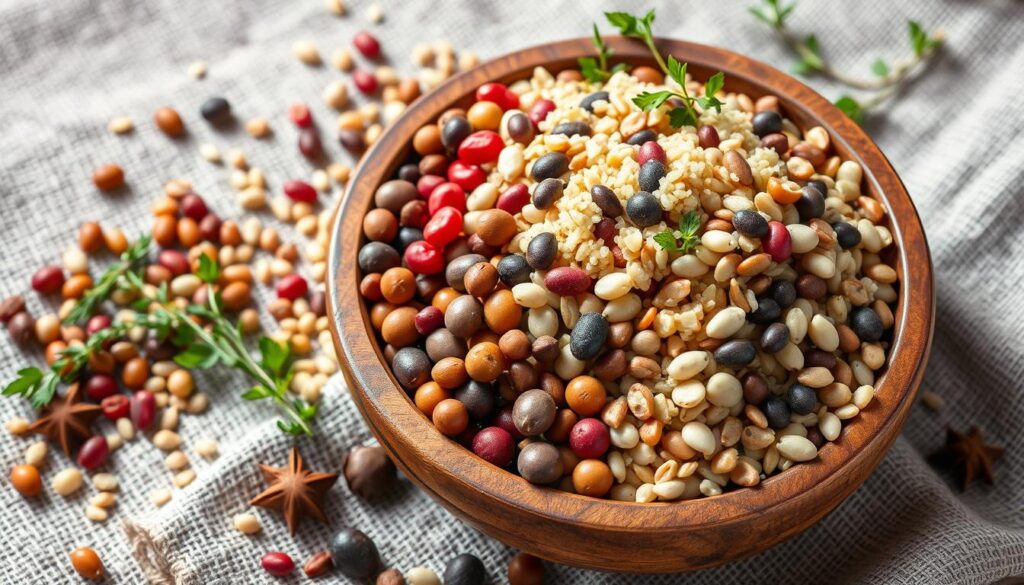 bowl of grains and millets can be seen on top of a old white cloth
