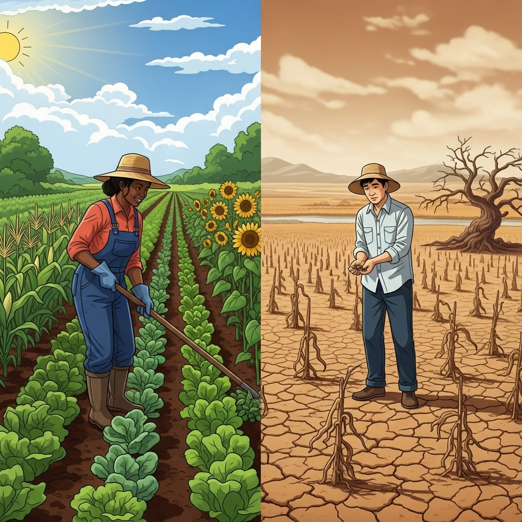 Ghibli style split image where in one image a woman farmer can be seen happily toiling her farm which is green and full of flowers whereas in the other image a male farmer can be seen inspecting his dry and ruined farm with parched fields, both the images display the disparate effects of climate change on crops