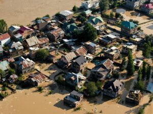 Group of houses can be seen submerged in what appears to be a massive floods