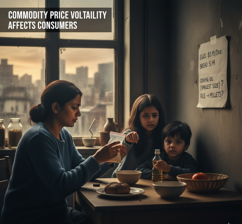 An AI generated image of a mother sitting at a breakfast table along with he two children a girl and a boy and they are looking worried and pointing to empty bowls and a piece of bread with a small tect can be seen on the top left part of the image saying 'commodity price volatility affects consumers'