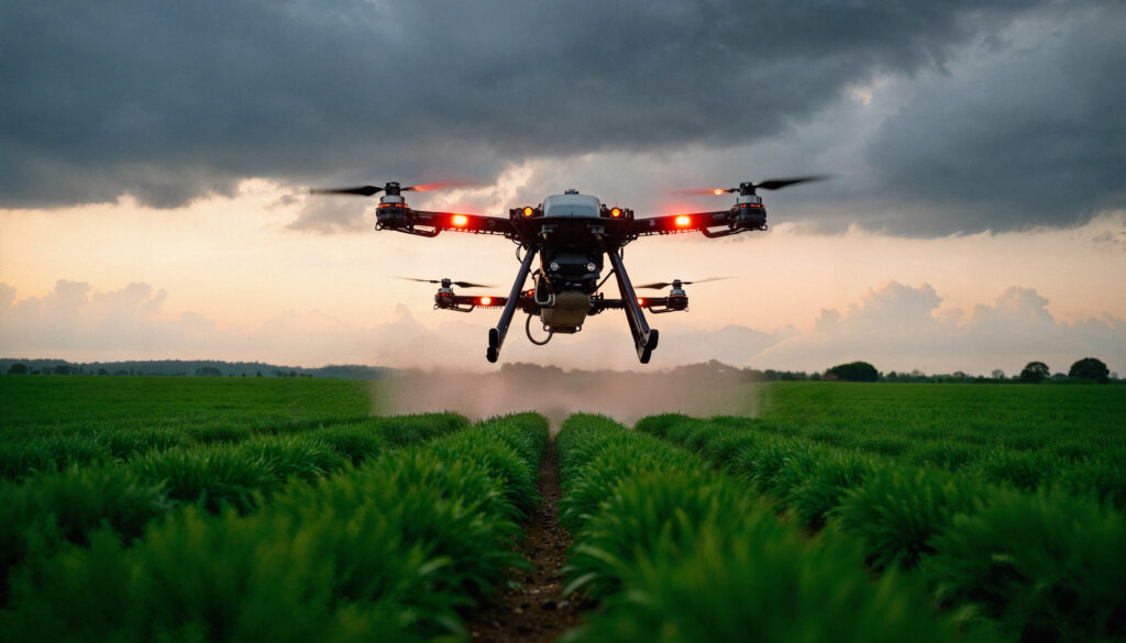A drone can be seen spraying something in the farms