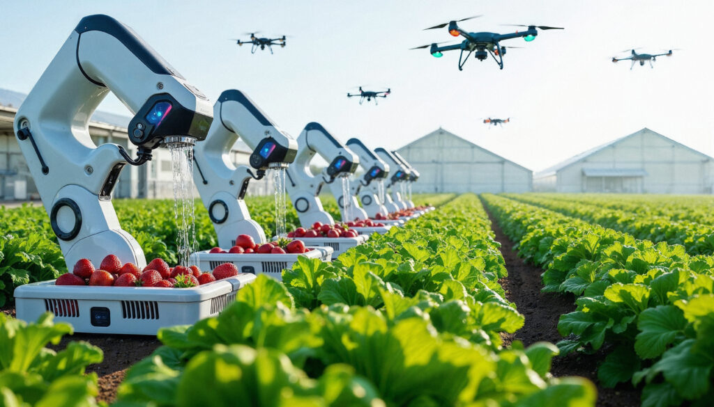 A group of robots can be seen managing the farm produce and some drones can be seen hovering in the air 