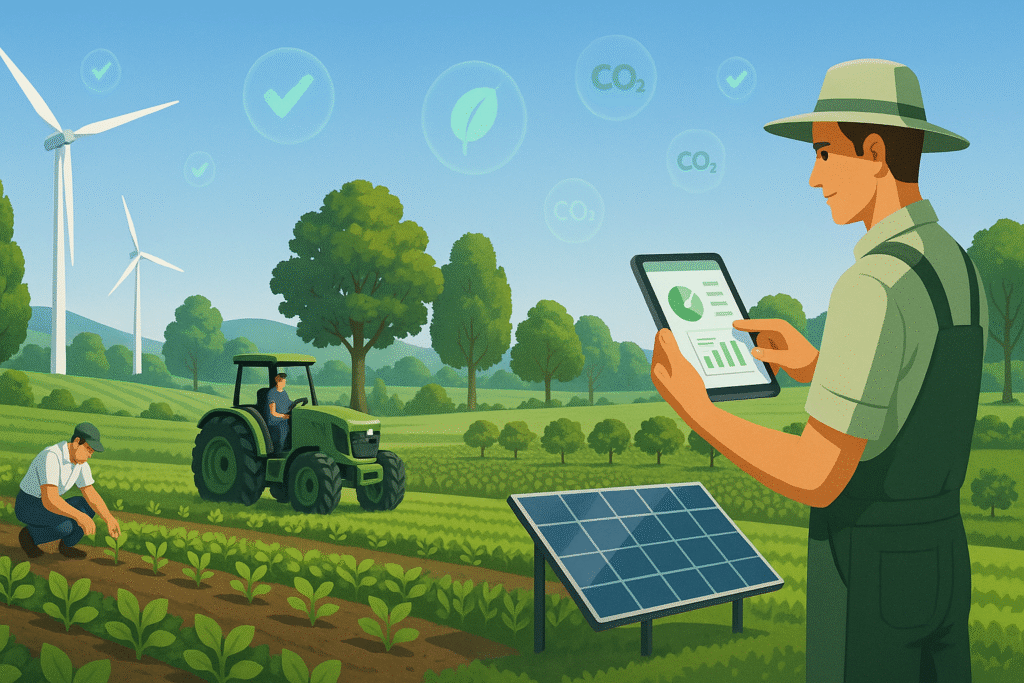 A farmer can be seen looking into his tablet computer while a solar panel, a tractor and another man can be seen working in the background with some windmills and trees can also be seen in the background