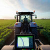 A man can be seen riding a tractor in a green fasrm with some additional tech machinery attached to the back of the tractor with screens showing the GPS data of the farm