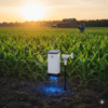 A small device can be seen placed in a farm with wifi signal can be seen on it and which is collecting some information from soil by using its needles which are blue in colour