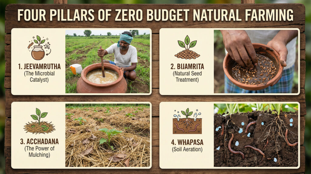 Illustrative image of four pillars of zero budget natural farming namely jeevamrutha, bijamrita, acchadana and whapasa