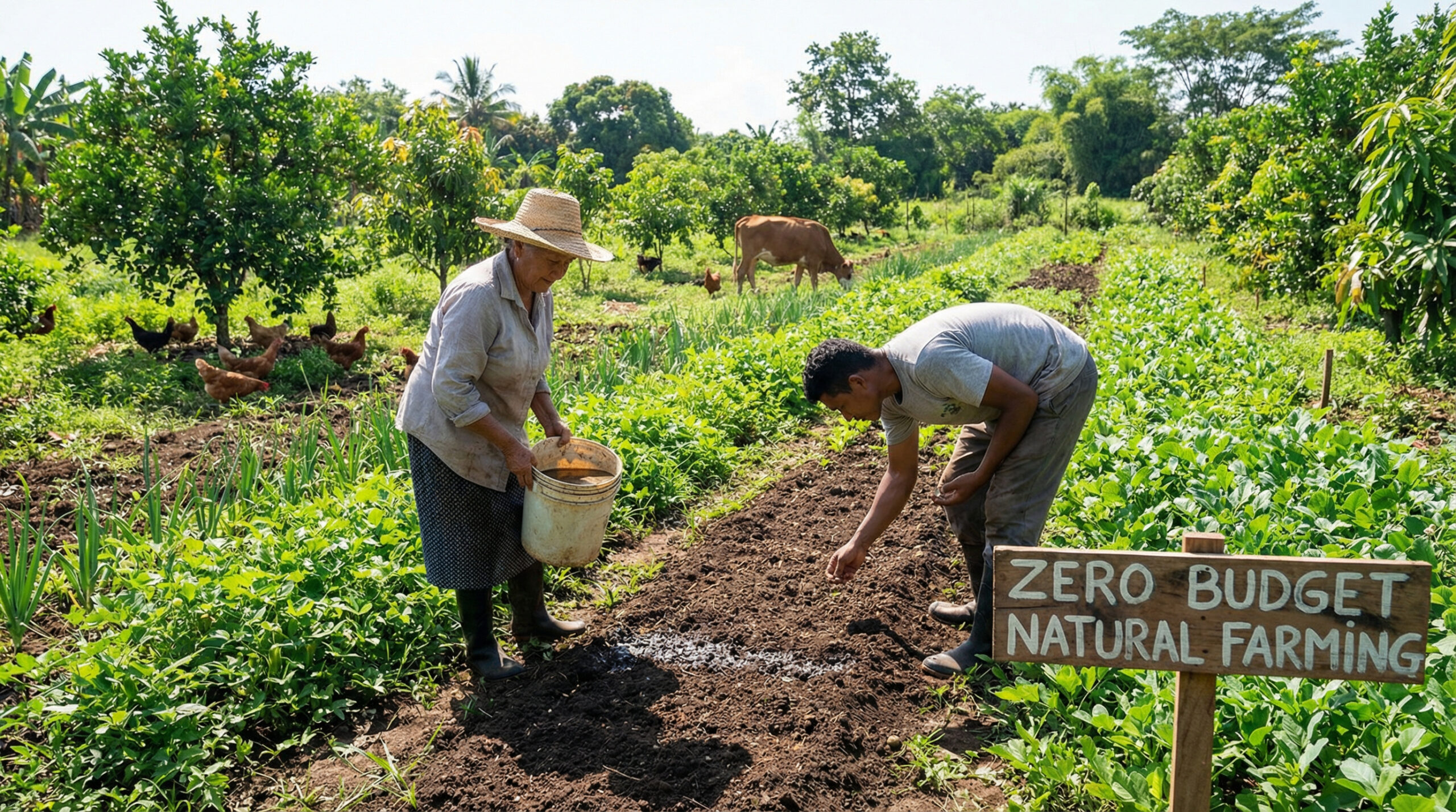 2 farmers can be seen working on a green field while some animals can be seen in tha background grazing the field